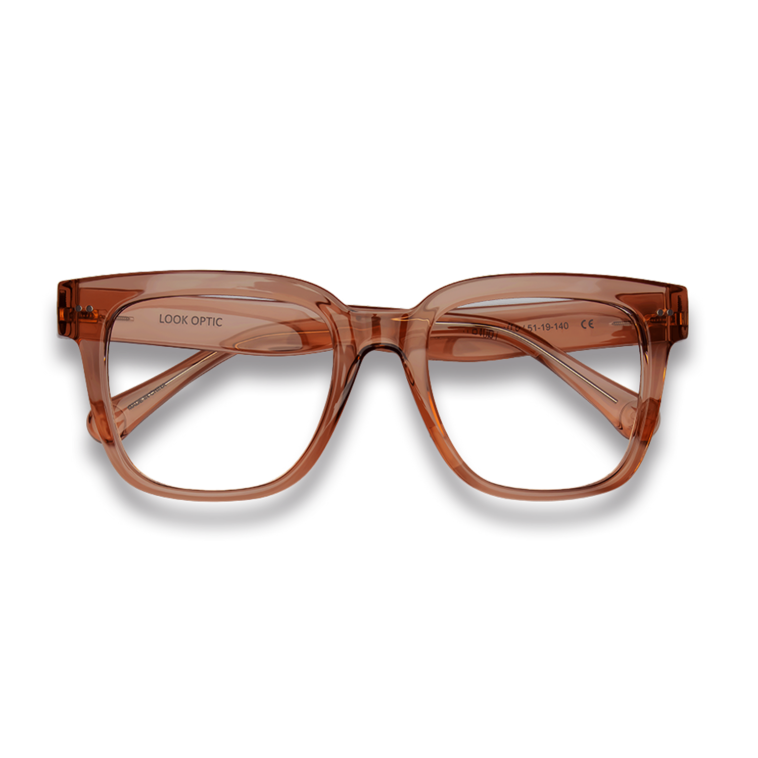 
Transparent amber square reading glasses with thick frames and gray lower rims.