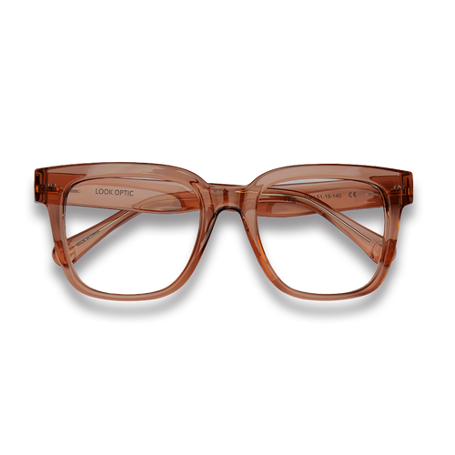 
Transparent amber square reading glasses with thick frames and gray lower rims.
