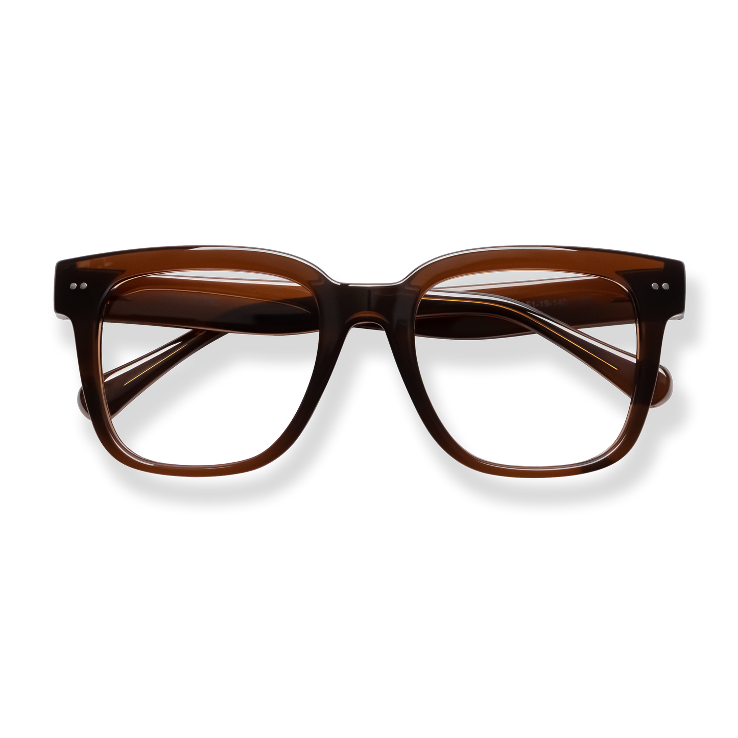 
Tortoiseshell square-frame eyeglasses with a glossy finish and double silver rivets.