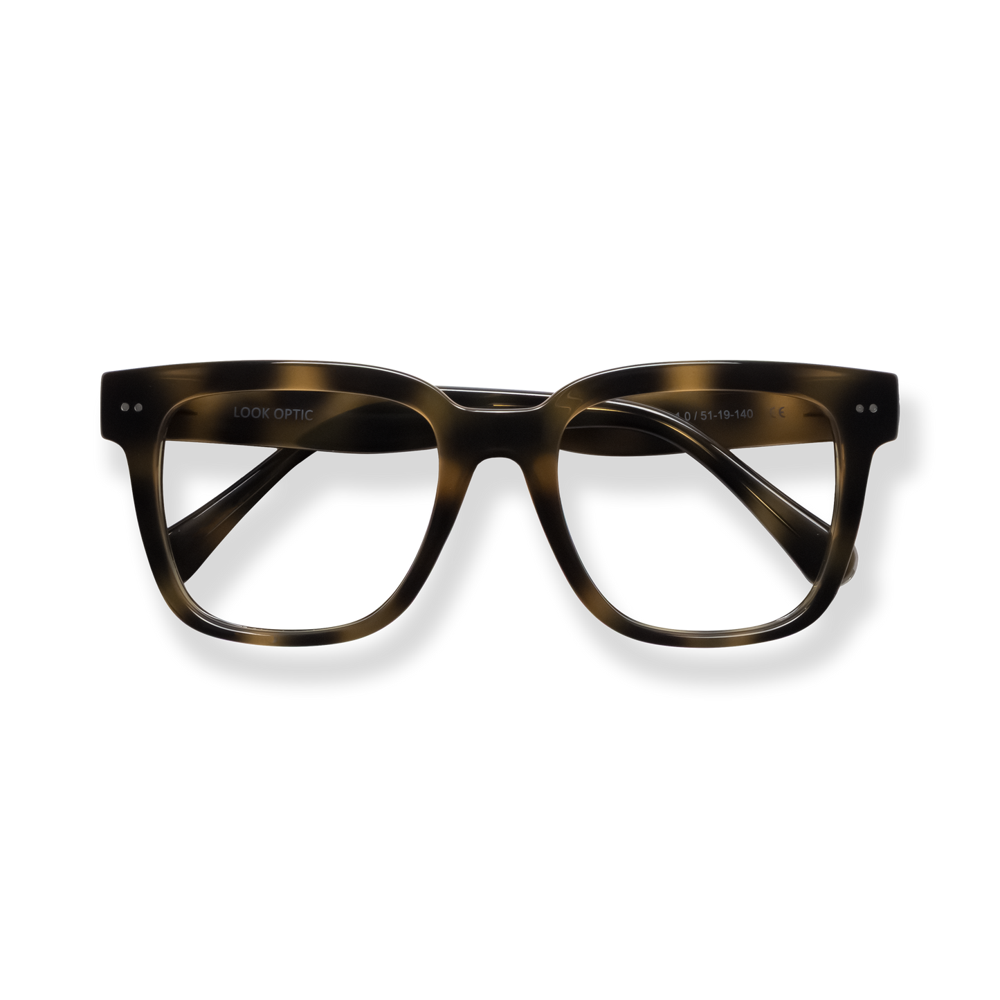 
Tortoiseshell rectangular eyeglasses with dark lenses and crossed temples.