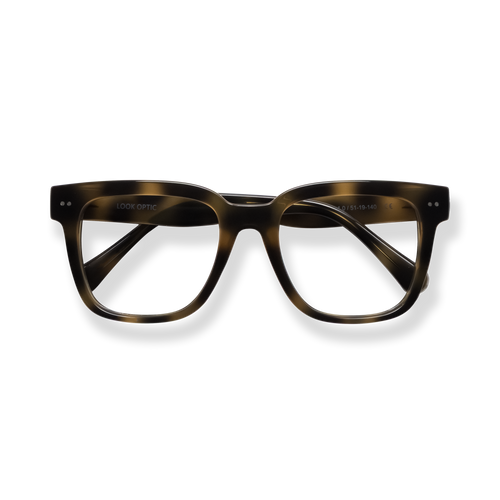 
Tortoiseshell rectangular eyeglasses with dark lenses and crossed temples.