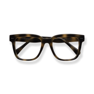 
Tortoiseshell rectangular eyeglasses with dark lenses and crossed temples.