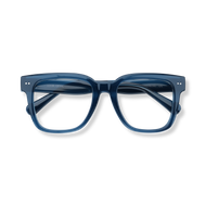 
Shiny navy square reading glasses shown top-down in a flat lay.