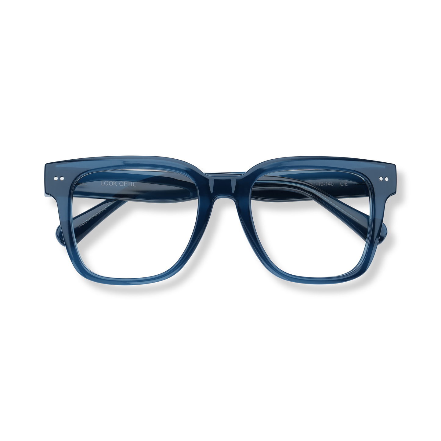 
Shiny navy square reading glasses shown top-down in a flat lay.