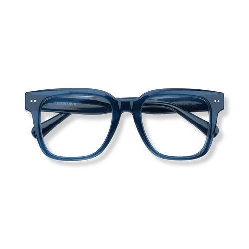 
Shiny navy square reading glasses shown top-down in a flat lay.