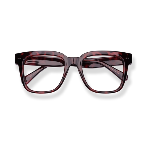 
Dark tortoiseshell rectangular eyeglasses with clear lenses.