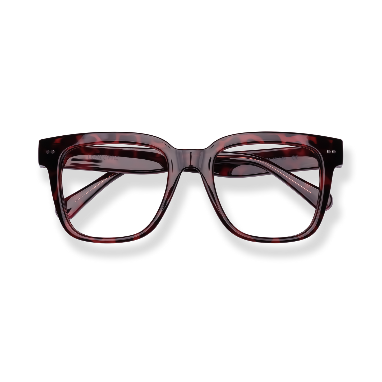 
Dark tortoiseshell rectangular eyeglasses with clear lenses.