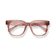 
Translucent rose pink square reading glasses with tortoiseshell accents.