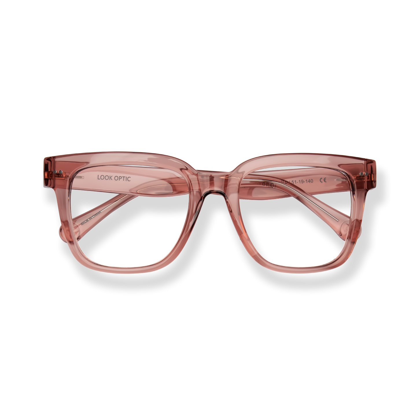 
Translucent rose pink square reading glasses with tortoiseshell accents.