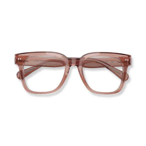 
Translucent rose pink square reading glasses with tortoiseshell accents.