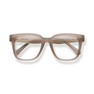 
Taupe rectangular reading glasses with clear lenses and matching temples.