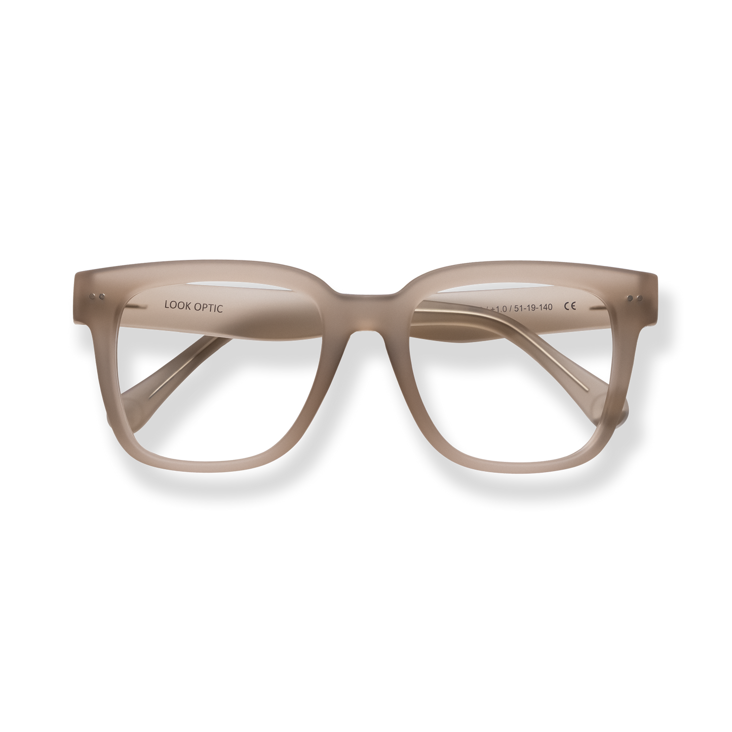 
Taupe rectangular reading glasses with clear lenses and matching temples.