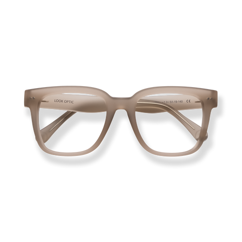 
Taupe rectangular reading glasses with clear lenses and matching temples.