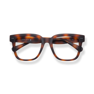 
Tortoiseshell rectangular reading glasses with dark lenses and crossed temples.