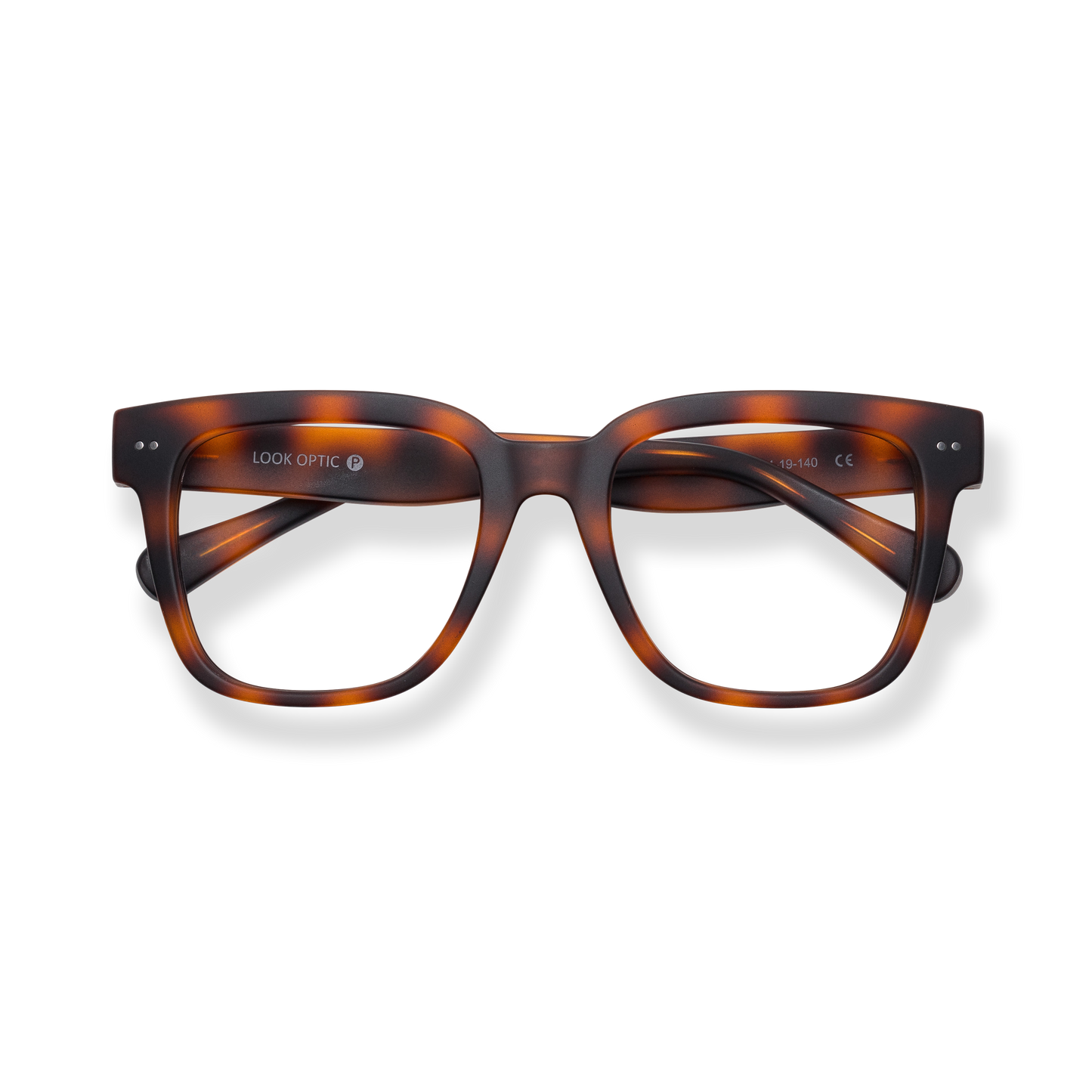 
Tortoiseshell rectangular reading glasses with dark lenses and crossed temples.