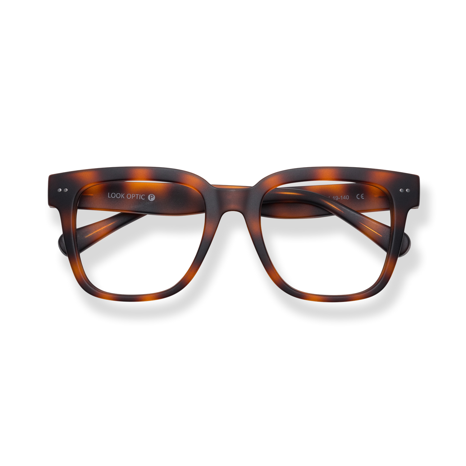 
Tortoiseshell rectangular reading glasses with dark lenses and crossed temples.