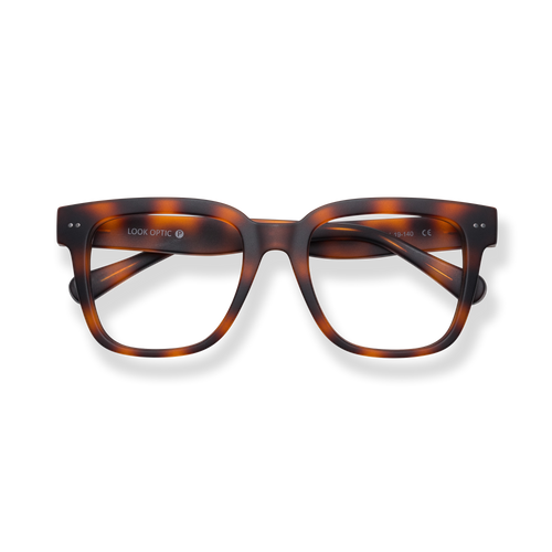 
Tortoiseshell rectangular reading glasses with dark lenses and crossed temples.