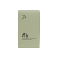 
A rectangular sage green box of LOOK LENS WIPES, featuring black text and a circular logo on a clean white background.