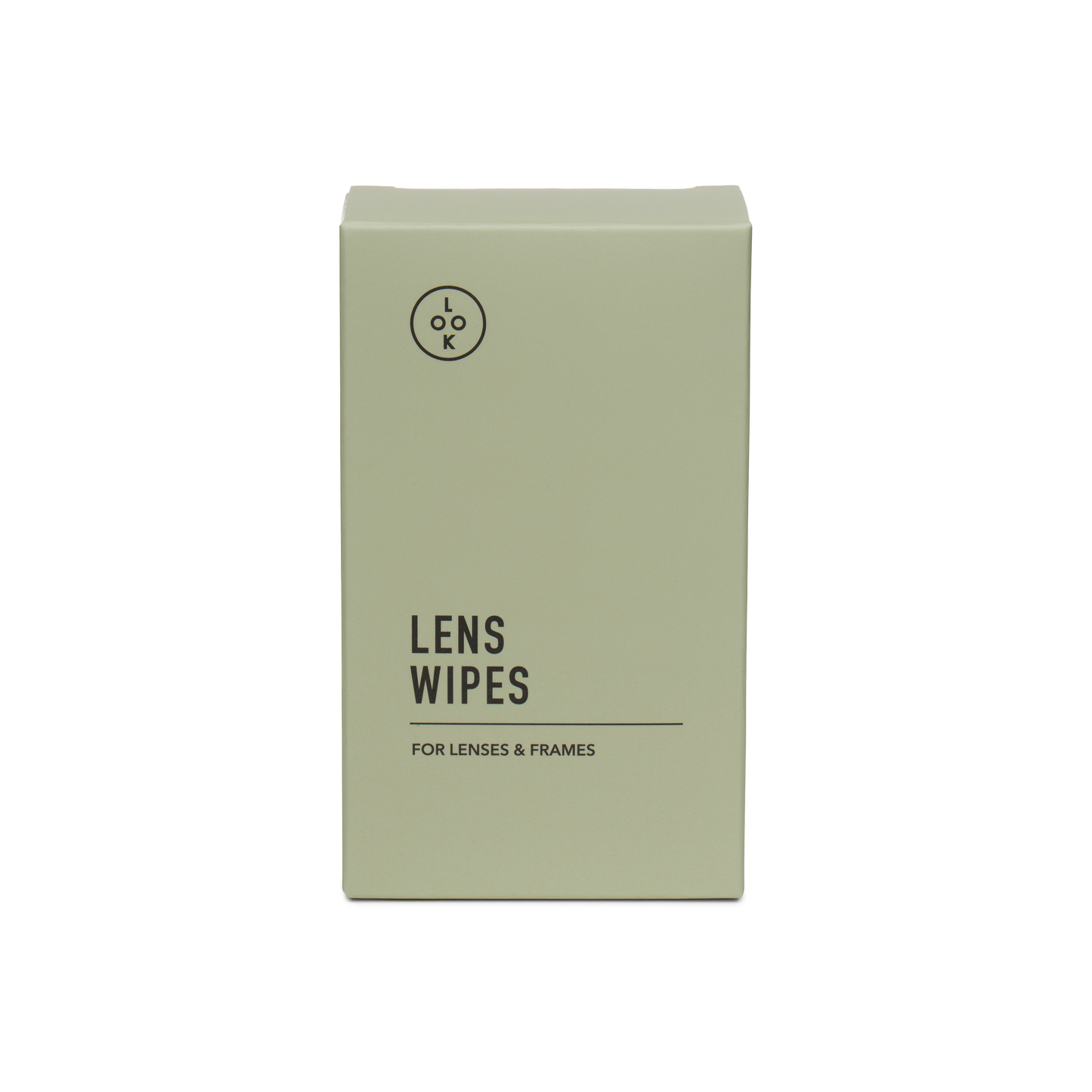 
A rectangular sage green box of LOOK LENS WIPES, featuring black text and a circular logo on a clean white background.