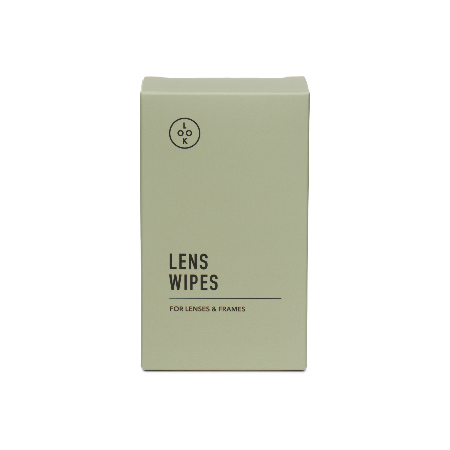 
A rectangular sage green box of LOOK LENS WIPES, featuring black text and a circular logo on a clean white background.