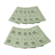 
Two stacks of light sage green lens wipes packets arranged on a plain white background. Each packet is printed with the text 'LENS WIPES' and 'FOR LENSES & FRAMES'.