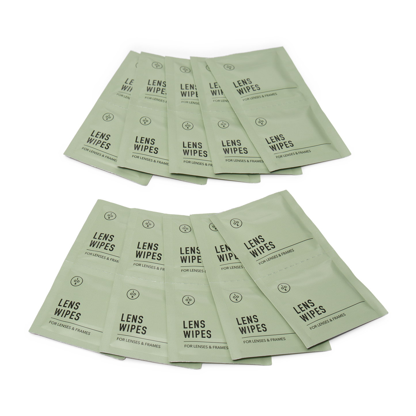 
Two stacks of light sage green lens wipes packets arranged on a plain white background. Each packet is printed with the text 'LENS WIPES' and 'FOR LENSES & FRAMES'.