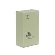 
A sage green rectangular box of lens wipes with black text and a small circular logo, shown on a clean white background.