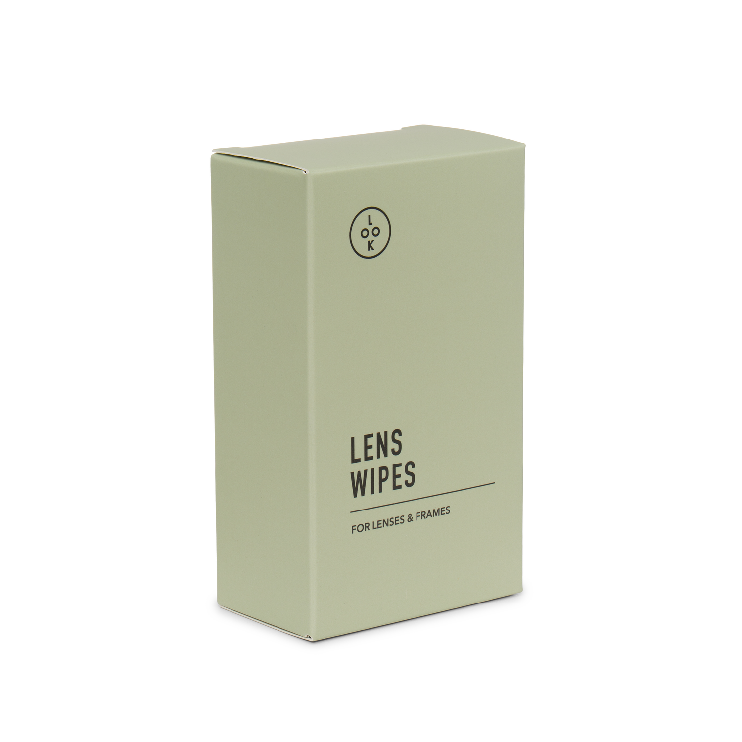 
A sage green rectangular box of lens wipes with black text and a small circular logo, shown on a clean white background.
