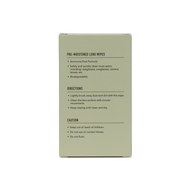 
The back of a rectangular product box for pre-moistened lens wipes, shown against a plain white background. The box is a muted sage green with black text detailing product features, directions, and precautions.