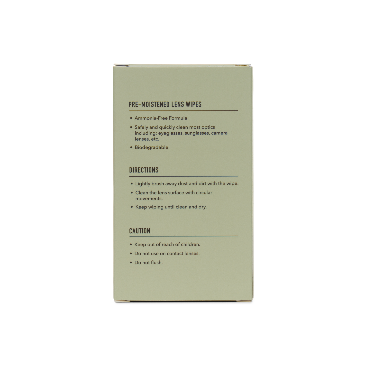 
The back of a rectangular product box for pre-moistened lens wipes, shown against a plain white background. The box is a muted sage green with black text detailing product features, directions, and precautions.