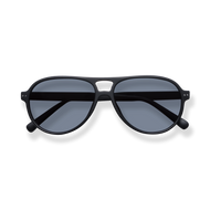 
Black aviator sunglasses with gray lenses and a double bridge.