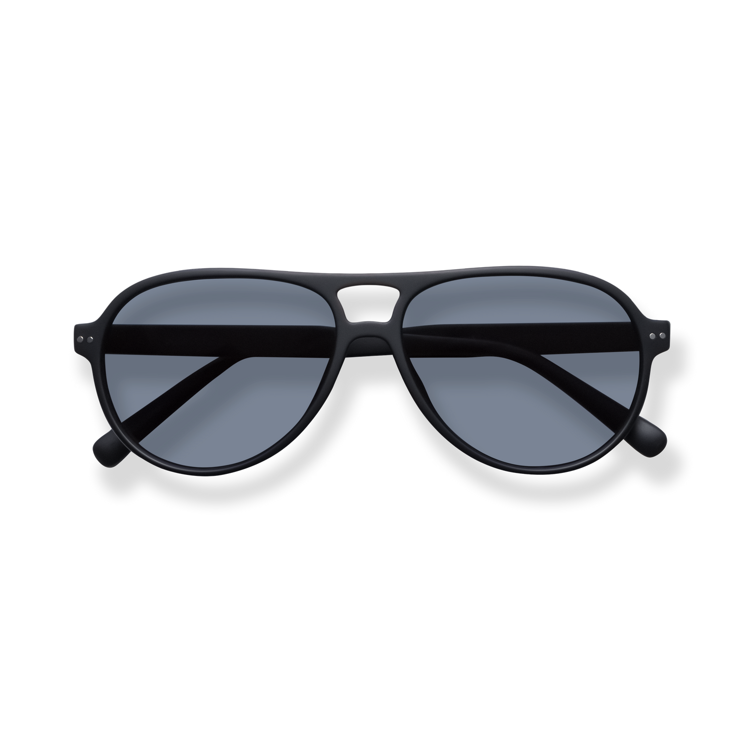 
Black aviator sunglasses with gray lenses and a double bridge.