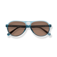 
Translucent blue sunglasses with brown lenses and a double bridge.