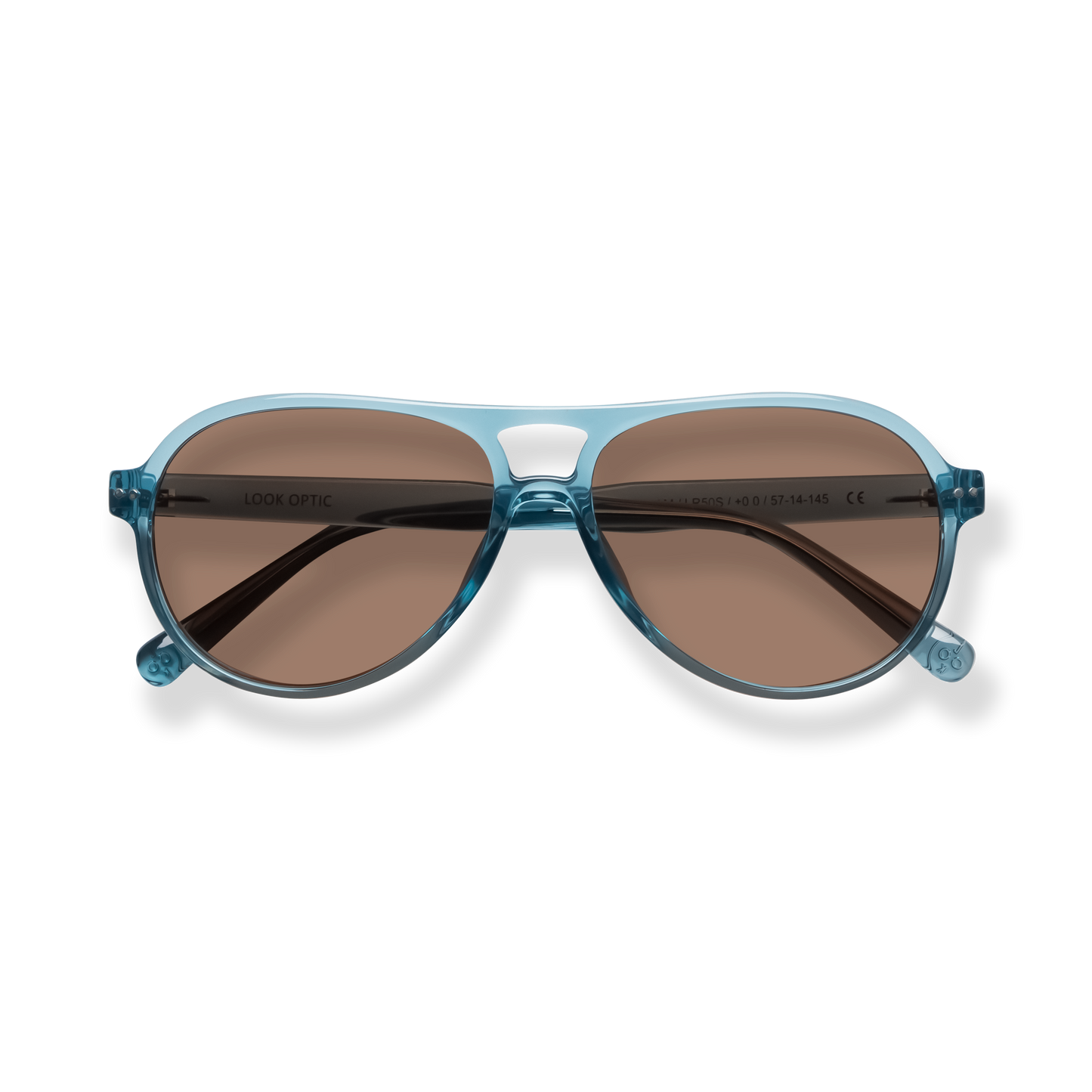 
Translucent blue sunglasses with brown lenses and a double bridge.