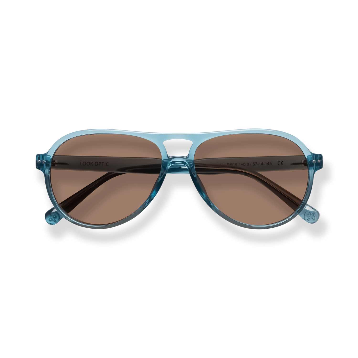 
Translucent blue sunglasses with brown lenses and a double bridge.