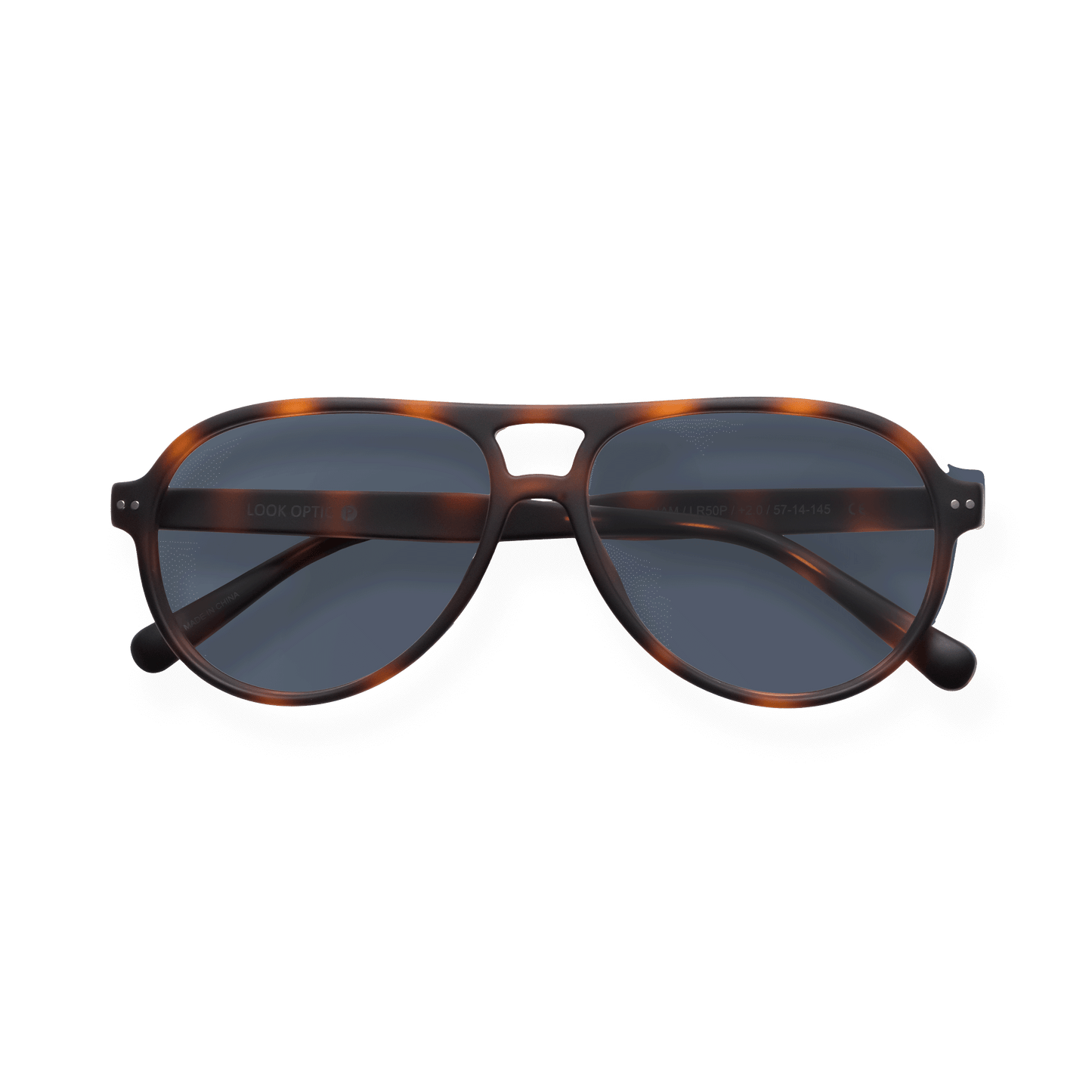 
Tortoiseshell aviator sunglasses with dark gradient lenses and a double bridge.