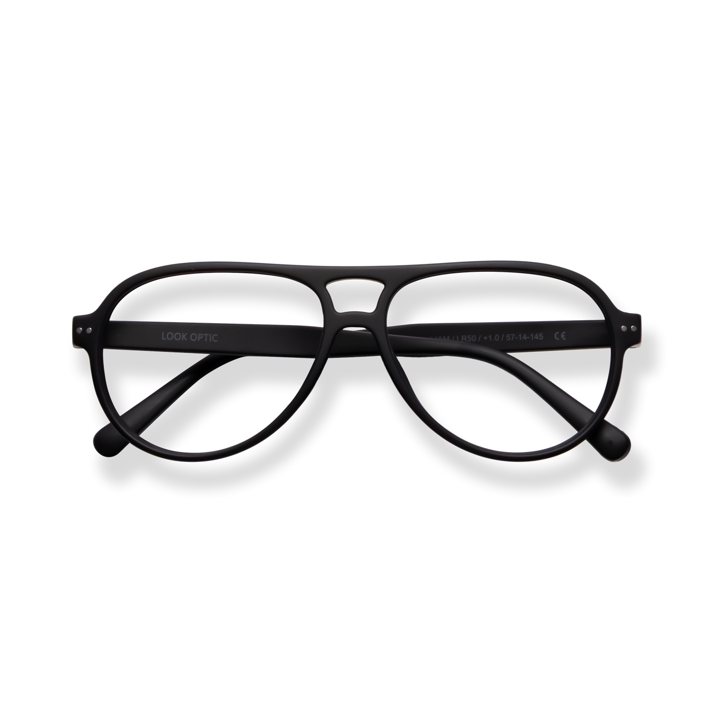 
Black rectangular eyeglasses with a double bridge and slim temples.