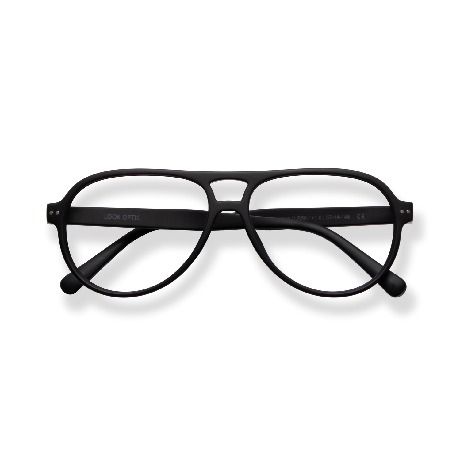 
Black rectangular eyeglasses with a double bridge and slim temples.