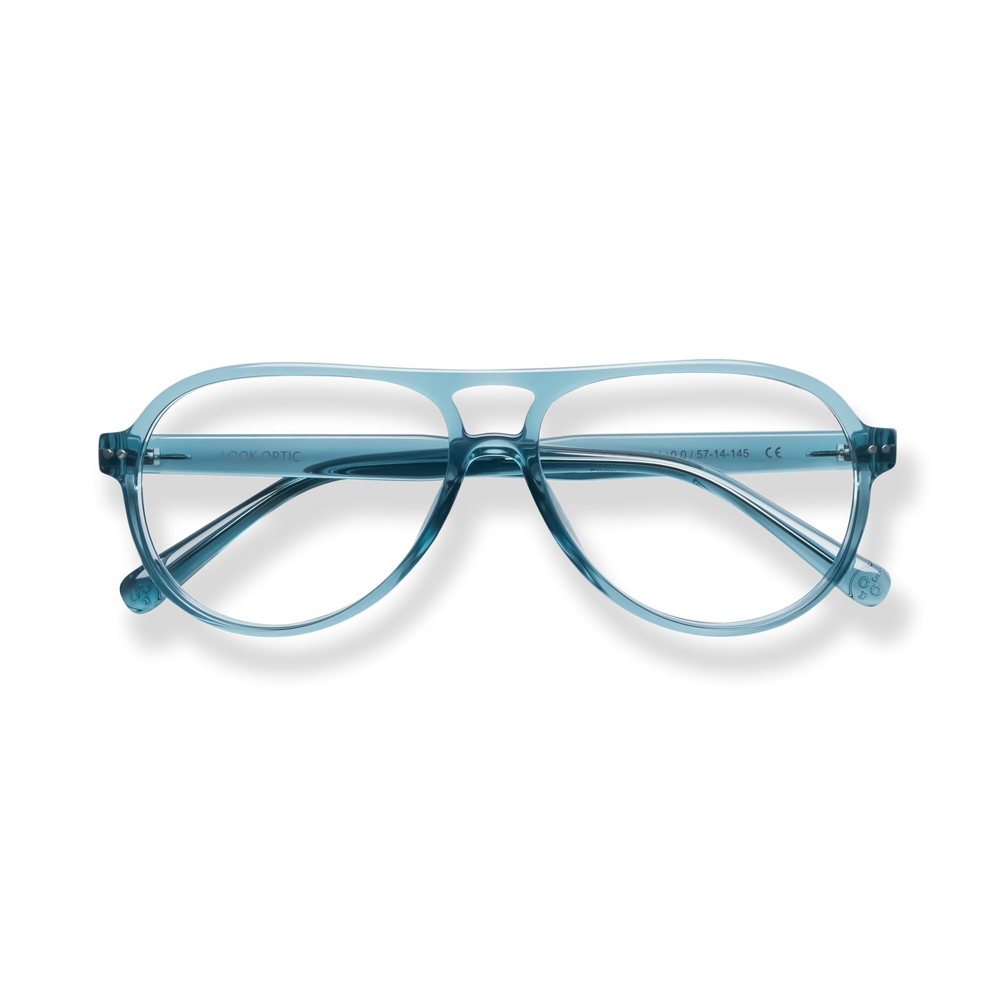 
Translucent blue cat-eye reading glasses with a double bridge.