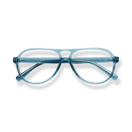 
Translucent blue cat-eye reading glasses with a double bridge.