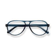 
Dark blue rectangular eyeglasses with a double bridge and clear lenses.