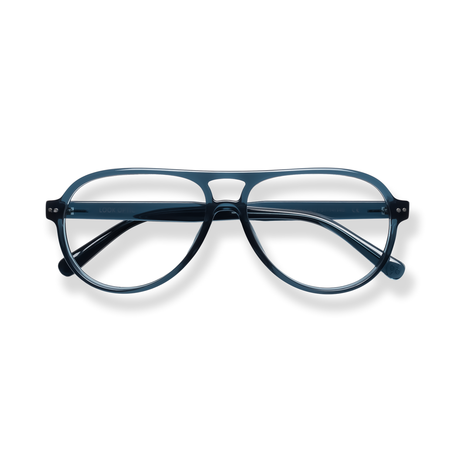
Dark blue rectangular eyeglasses with a double bridge and clear lenses.