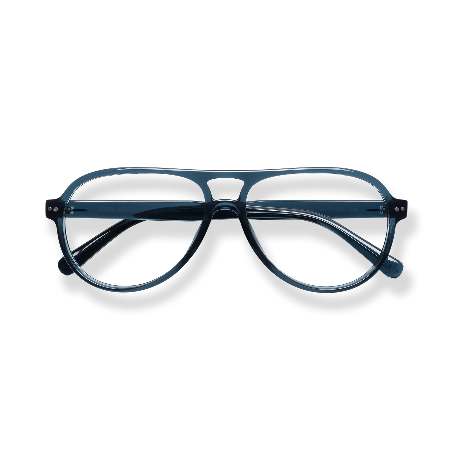 
Dark blue rectangular eyeglasses with a double bridge and clear lenses.