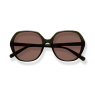 
Round black sunglasses with brown-tinted lenses and a glossy frame.