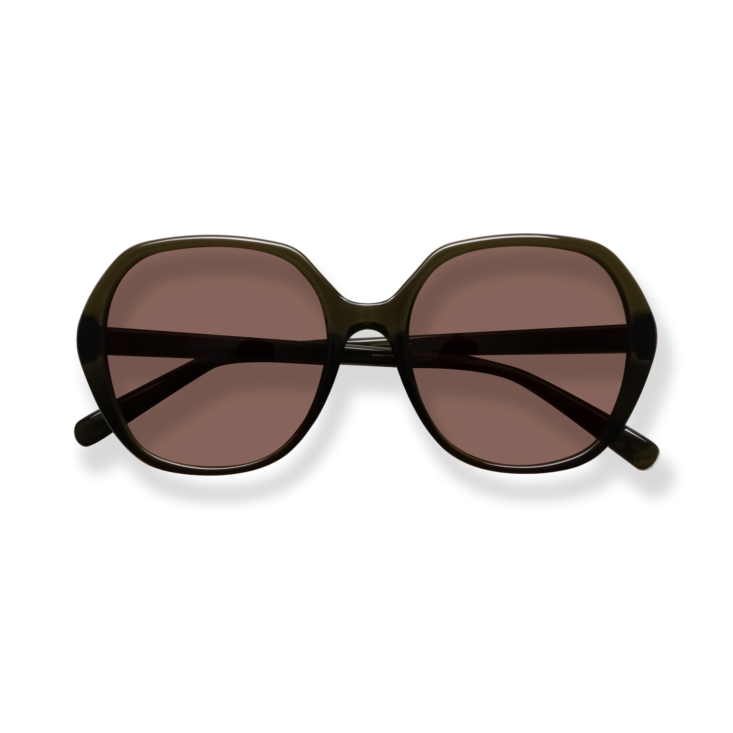 
Round black sunglasses with brown-tinted lenses and a glossy frame.