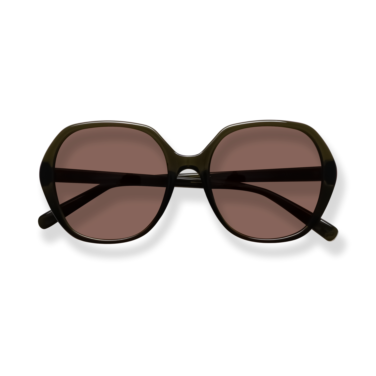 
Round black sunglasses with brown-tinted lenses and a glossy frame.