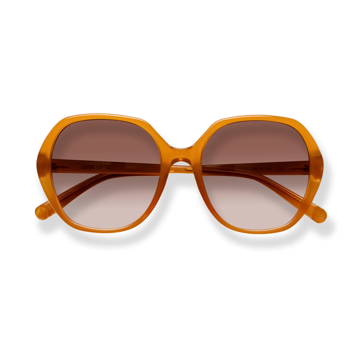 
Amber oversized sunglasses with brown lenses and rounded frames.