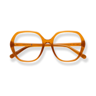 
Amber oversized square eyeglasses with clear lenses and gold-toned details.