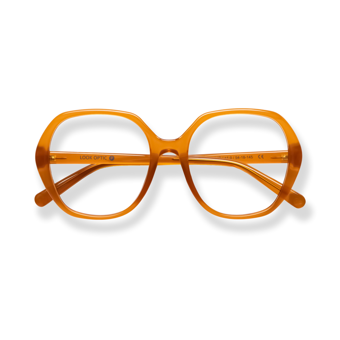 
Amber oversized square eyeglasses with clear lenses and gold-toned details.