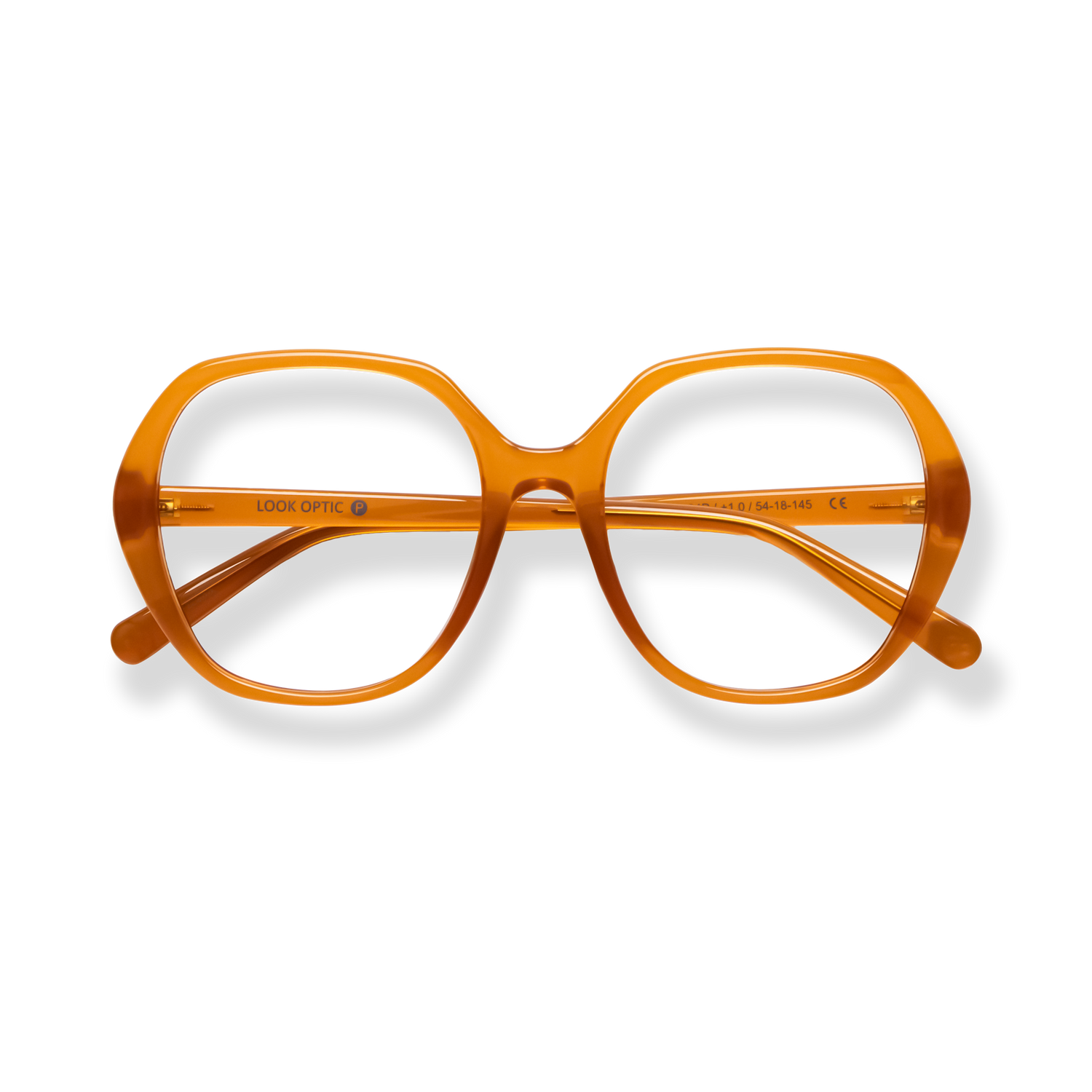 
Amber oversized square eyeglasses with clear lenses and gold-toned details.